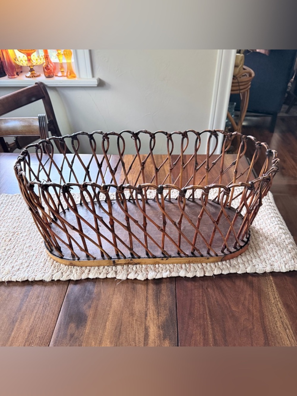Vintage Mid Century Bent Bamboo Basket. Vintage Bamboo MCM Basket